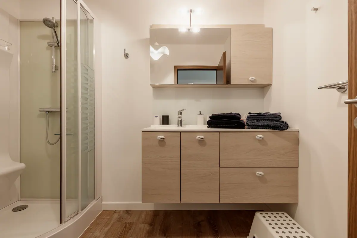 Salle de bains 2, meuble en bois clair et douche